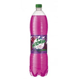 A plastic bottle of Mirinda - Pomegra & Grape Juice - 500ml with a purple liquid, featuring a colorful label with pomegranate and grape illustrations, and a bicycle.